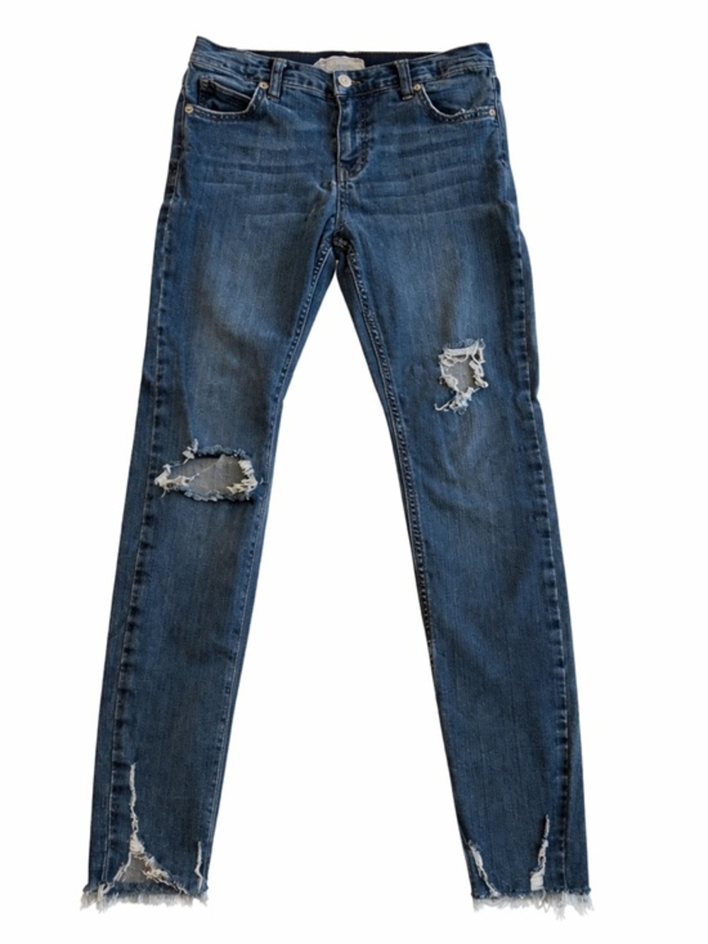 Free People High Rise 26 Distressed Blue Jeans skinny denim stretch destroyed